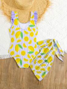 Tween Girls Knit Cute Lemon Digital Print Design Deep V-Neck Swimsuit Set, Suitable For Beach, Summer, Vacation, Seaside, Elegant Lady Fashion - Purple - View 2