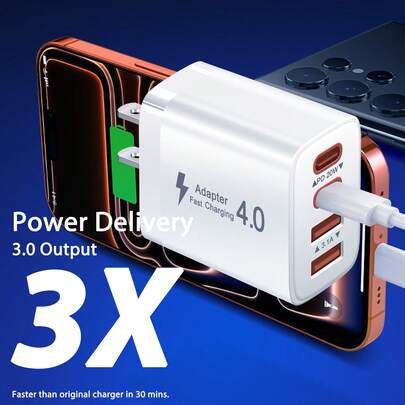 1个2A2C接口USB-C插头快速充电器，40W 4端口多USB充电适配器插头（美规插头）双端口PD电源适配器+QC墙式充电器，多端口交流电源Type-C充电插头，适用于多人充电、多设备充电、家庭充电需求和办公桌使用，多端口快速充电