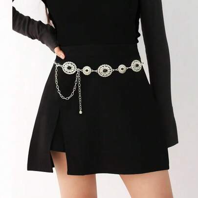 镂空波西米亚风腰链，可调节金属镶嵌腰带，女士派对卡通锌合金几何图案金属腰带，适合婚礼、春、夏、秋、冬等场合。