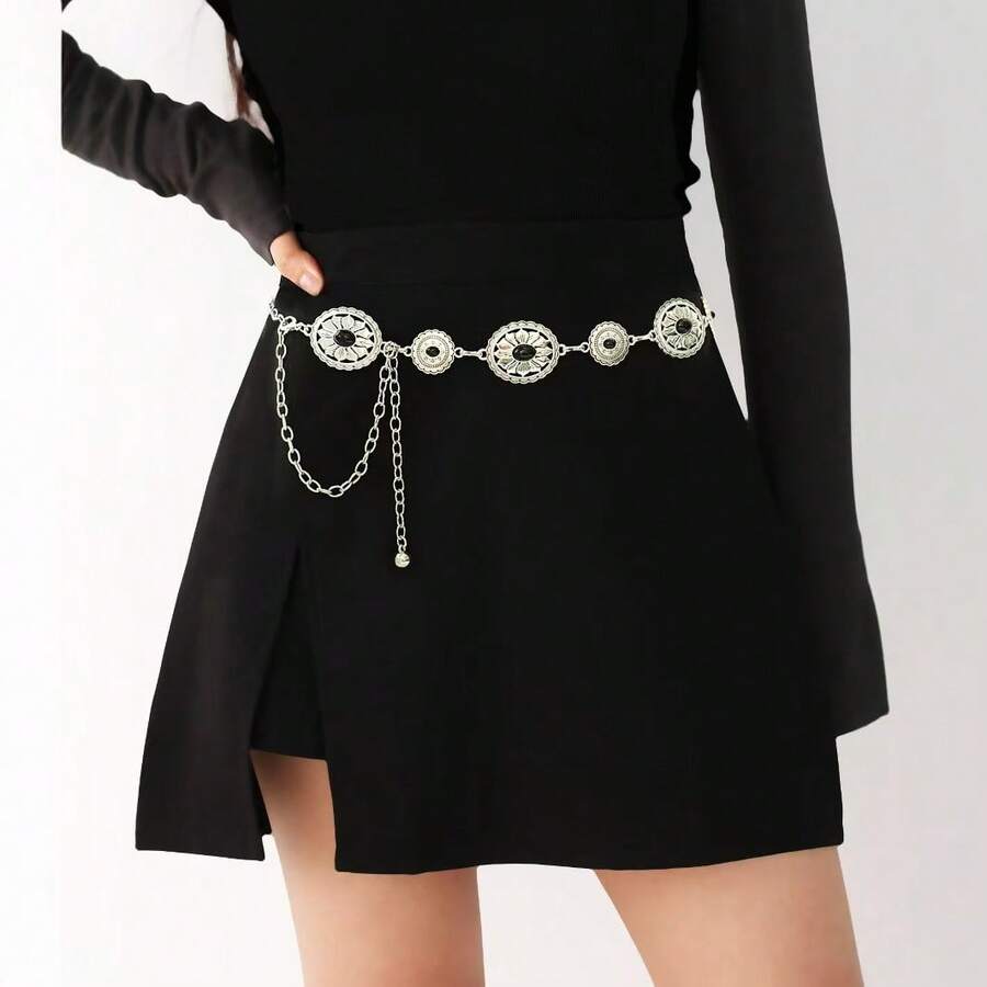 镂空波西米亚风腰链，可调节金属镶嵌腰带，女士派对卡通锌合金几何图案金属腰带，适合婚礼、春、夏、秋、冬等场合。 - 銀色 - 查看 1