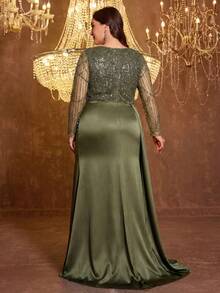 UNITHORSE Plus Size Women's Square Neck Long Sleeve Sequin & Satin Patchwork Evening Gown Wedding Party Spring - Olive Green - View 5