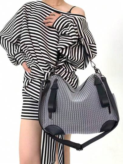 Women's New Fashionable Spliced Nylon Mesh Shoulder Bag, Large Capacity Minimalist Solid Color Handbag, Multi Pocket Personalized+Detachable Shoulder Strap Women's Crossbody Bag, Very Suitable For Daily Use