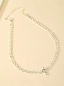 1pc Full Rhinestone Cross Necklace, Suitable For Daily Wear - Silver - View 7