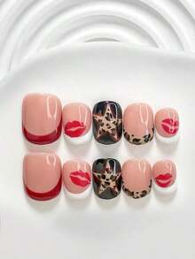 10pcs/Set Valentine's Day Handmade Nail Art Kit, Includes White Flower & Bow Decor, White & Red Gel Nails, French Polka Stickers, Heart Painting, Silver Beads Embedded, 3 Sizes Available: Almond/Square/Coffin Shape, With Set, Suitable Sweet Ladies & Girls, Valentine's Day/Party/Daily Wear Nail Supplies Handmade Press On Nails - 多色 28 - 查看 3