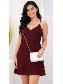 Women's Short, Loose-Fitting Dress With Layers And Ruffles In Candy Colors For Summer, With Adjustable Straps. - 紅木色 - 查看 4