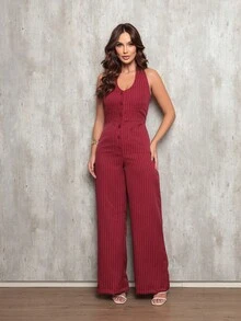Striped Halter Neck Long Jumpsuit With Pockets - Elegant Style For Special Occasions - Burdeos - Ver 3