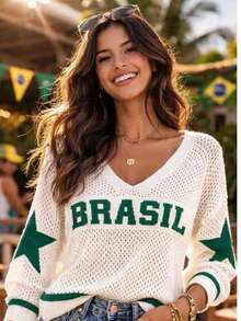 Women's Knit Blouse, Brazil Style, Long Sleeve, V-Neck, Crochet Style, Winter Fashion, Shiny Knit, Nightwear - 白色 - 查看 1