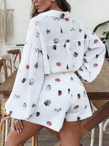 Completo casual da donna taglie forti, con stampa all-over, bottoni frontali, adatto per vacanze al mare e uso quotidiano, elegante, 2 pezzi, primavera - Multicolore - Visualizzare 4