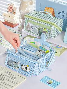 1pc Cute Large Capacity Plaid Check Dog Pencil Case, Cartoon Multifunctional Stain Resistant Stationery Bag, Flip-Top Magnetic Buckle Stationery Pouch Clear Transparent Front Pocket For Primary School Students - Multicolor - View 10
