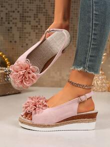 Casual Commute Floral Wedge Sandals For Women, Woven Rope Ankle Strap Open Toe Platform Slides - Pink - View 2