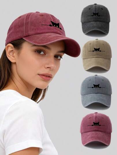 Mũ lưỡi trai unisex in hình mèo hoạt hình phong cách retro - Có thể điều chỉnh, phù hợp cho các hoạt động ngoài trời, câu cá, cắm trại và tiệc tùng, được làm từ polyester đã qua xử lý, đa năng, đơn giản, che nắng, thoáng khí, chống tia UV.