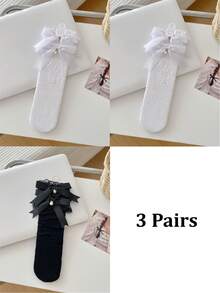 1/3 Pairs Spring/Summer Thin Knee-High Socks, Ballerina Style Mid-Calf Socks, Lolita Bow Socks, Mesh Hollow Stockings, No-Show Socks, Lace Trim Straight Tube Socks - Multicolor - View 16
