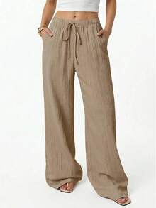 Pantalones anchos de cintura alta y pierna ancha, casuales y sueltos para mujer. Pantalones rectos y fluidos, cómodos y versátiles, adecuados para primavera/verano - Caqui - Ver 1