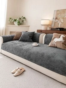 1pc Solid Color Chenille Sofa Cushion Cover, Minimalist Starry Floral Pattern, Anti-Slip Anti-Scratch Sofa Protector, Home Decor For All Seasons, Fits 1/2/3/4 Seater Sofa - Dark Grey - View 3