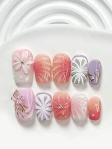10pcs Gentle Floral Style Handmade Nail Art Set, Including Gel Nail Kit, 3D Butterfly Nail Decorations, Handcrafted 5-Petal Flowers And Line Nail Decors, Purple/Pink/Red Nail Polish, Faux Style, With Nail Tools (1 Jelly Sticker + 1 Nail File). 3 Sizes Available: Square, Short Square, Almond. Suitable For Parties, Daily Wear, Parties, Photography, Spring/Summer Commute, Etc. Press On Nails - Multicolor - View 17