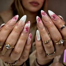 24PCS Pure Desire Style Sheer Nude Gradient Hand-Painted Pink Cherry Blossom Flowers With White Edge Luxury Press-On Nails Removable Nail Art - White - View 8