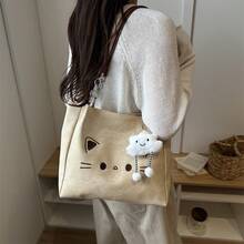 Túi tote vải bố màu be dễ thương với họa tiết mèo hoạt hình thêu, móc khóa hình đám mây nhồi bông và quai da màu nâu, thích hợp cho nữ sử dụng hàng ngày. - Màu be - Xem 6