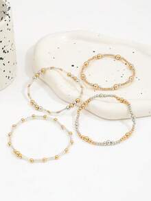 4pcs Bohemian Style CCB Beaded Elastic Bracelets, Multi-Layer Stacking Beaded Bracelet Set For Women - Gold - View 2