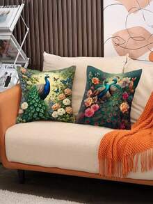 1/4Pcs, Vintage-Style Peacock Oil Painting Velvet Throw Cushion Covers Woven Polyester 17.7X17.7 Inch, Zippered, Geometric-Patterned For Sofa And Home Decor, Machine Washable - Multicolor - View 4