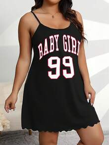 Plus Size Women's Letter Print Casual Comfortable Round Neck Camisole Dress Nightgown - 灰色 - 查看 3