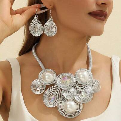 Exaggerated Multi-Layer Aluminum Wire Woven Handmade Beaded Necklace & Earrings Set, Fashionable Retro Bohemian Style For Party, Wedding, Vacation