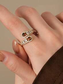 1pc Elegant Cubic Zirconia Snake Open Ring, Suitable For Women's Daily Wear - Yellow Gold - View 2