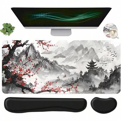 YUFZX Bộ 4 tấm lót chuột chơi game cỡ lớn họa tiết phong cảnh và hoa mai mực tàu, bao gồm kê cổ tay bàn phím, tấm lót cổ tay chuột công thái học và đế lót ly, thảm trải bàn máy tính cỡ lớn có hỗ trợ cổ tay, phù hợp cho văn phòng tại nhà, chơi game và trang trí bàn làm việc.