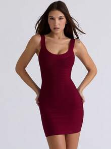 Women's Bandage Mini Dress Square Neck Sleeveless Bodycon Party Dress - Burgundy - View 2