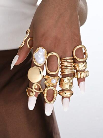 13pcs Vintage Chic Gold Tone Asymmetrical Geometric Hollow Wide Band Rings Set, Elegant Minimalist Style Suitable For Women Daily Wear, Holiday, Party, Birthday Gift