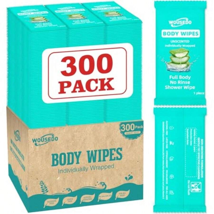 300 Pack Individually Wrapped Body Wipes 8" X 9.5" No-Rinse Shower Wipe For Adults Travel Gym And Camping Bulk Cleansing Wipes For Homeless - 青色 - 查看 1