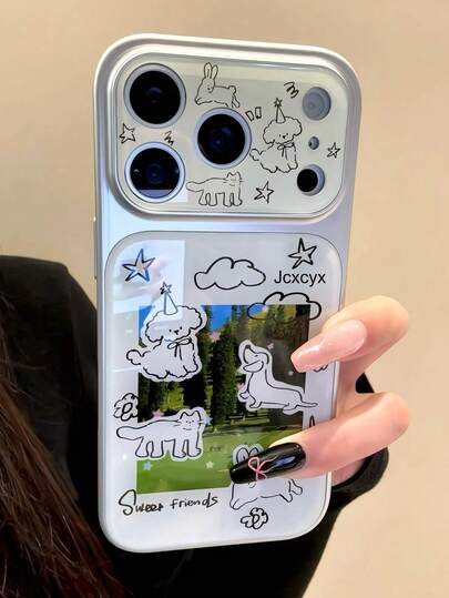 Creative Kawaii Line Puppy Animal Illustration Glossy Phone Case Compatible With IPhone 17 Pro Max 16 Pro Max 15 Pro Max 14 Pro Max 17 Lens Protection Large Window Shockproof Cover