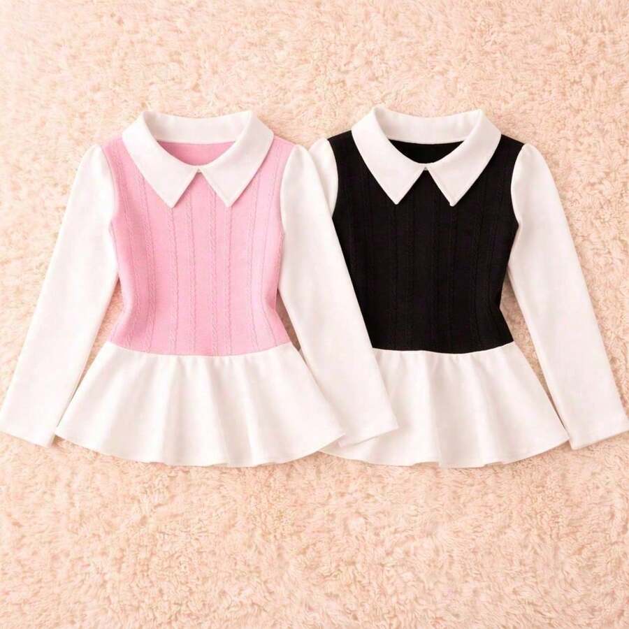 Girls' Long-Sleeved Blouse, For Bloggers, Cold Weather, Winter / Long-Sleeved Blouse - Black/Pink Baby Kit 2 Pieces - View 1