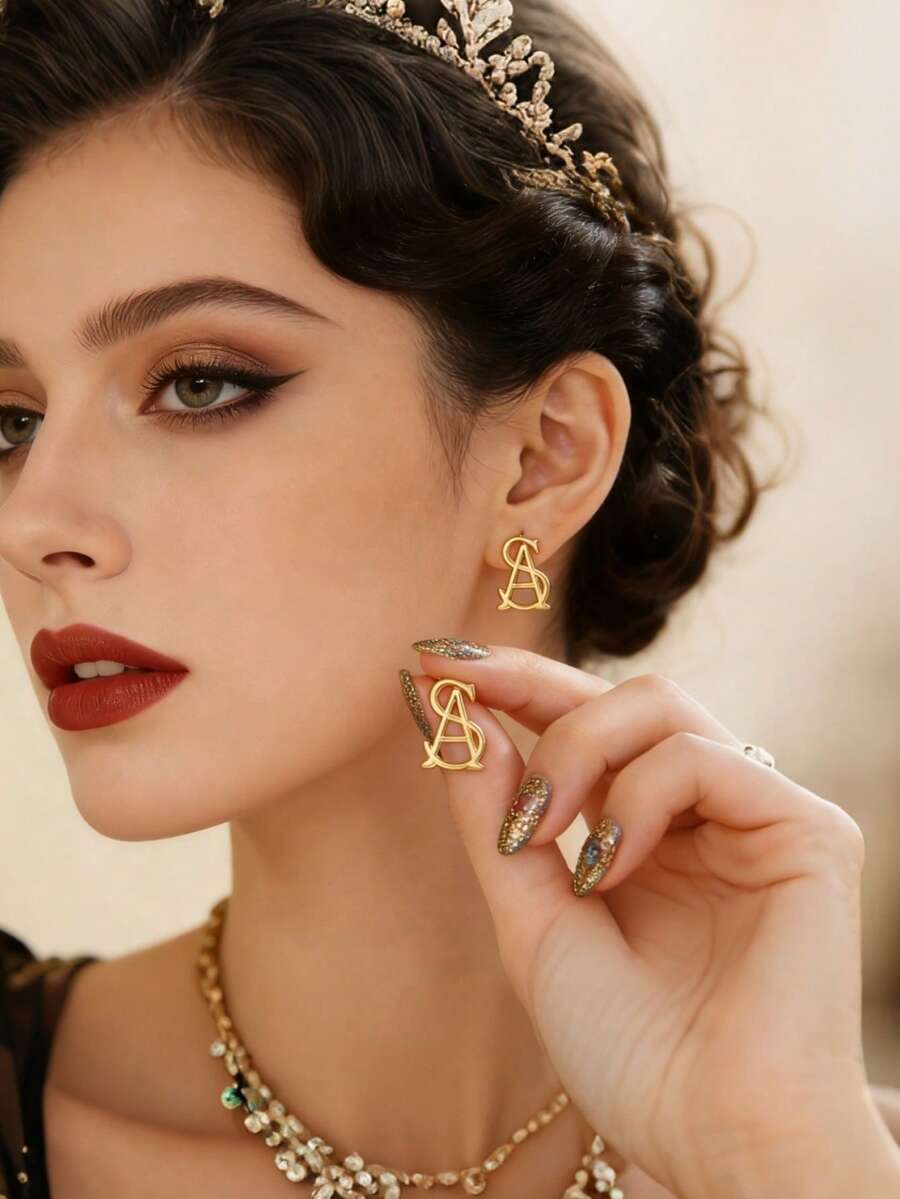 1 Đôi bông tai đinh tán hình chữ cái hình học đa năng, thời trang - Vàng - Xem 1