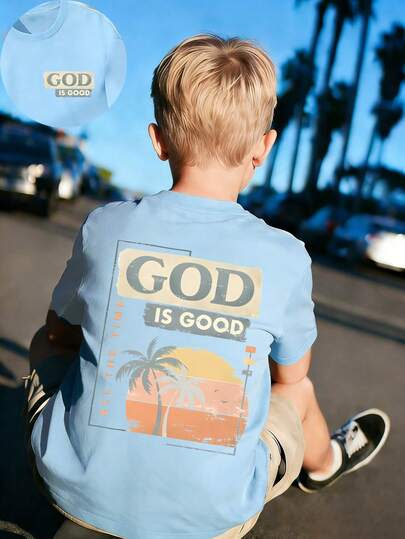 Tween Boy Tropical Print Crew Neck Short Sleeve T-Shirt, Summer Top