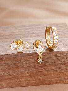 3件套奢华星形锆石穿孔耳环套装，女士18K镀金朋克风耳钉耳环，女士饰品 - 3PCS-GOLD-3# - 查看 4