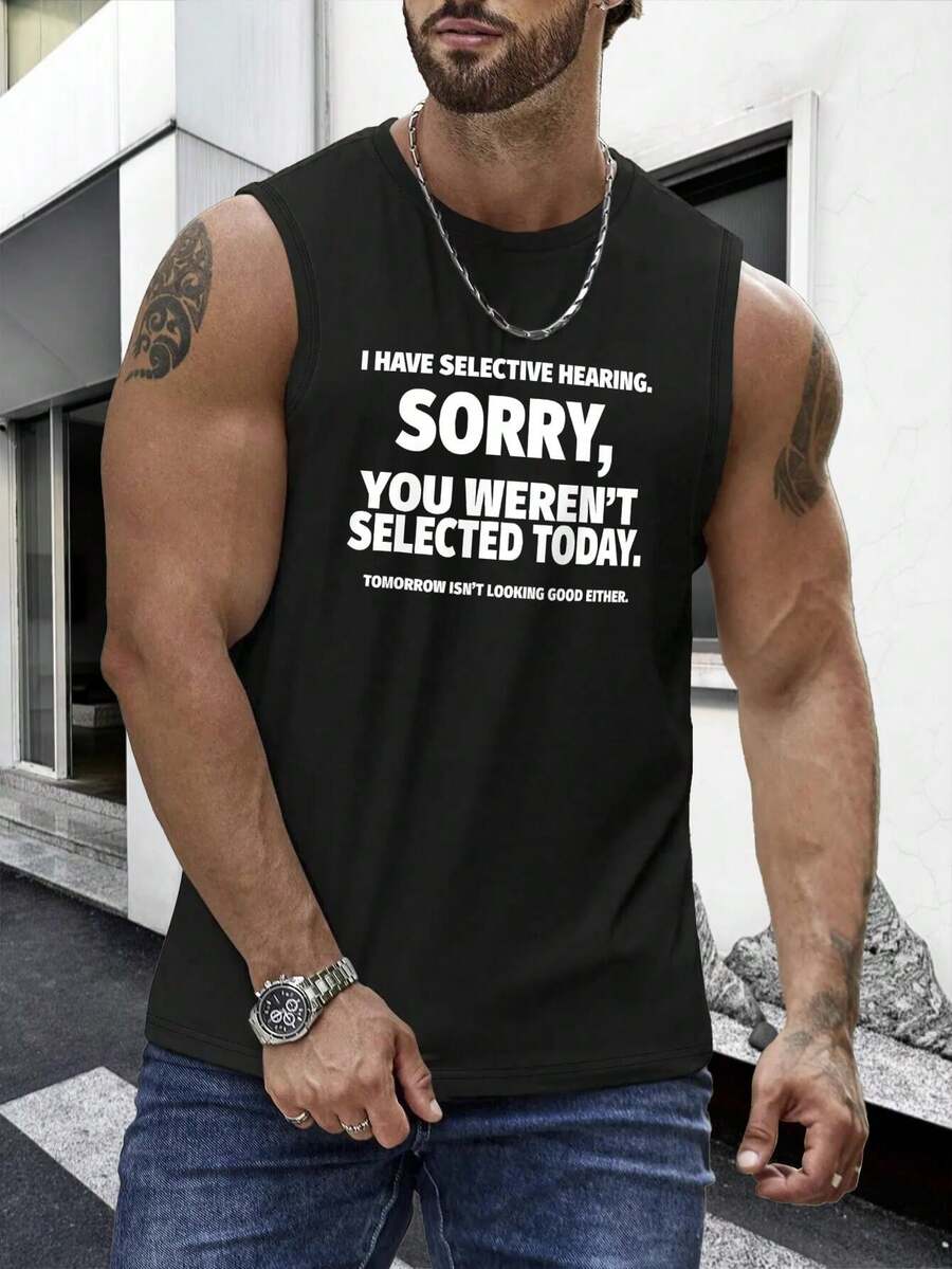 Men's Sleeveless Tank Top With "Sarcastic Selective Hearing Humor" Print - Breathable And Stretchy, Suitable For Gym, Running And Casual Wear - All-Season Sports Training Top, Daily Exercise Wear, Athletic Style. - 黑色 - 查看 1