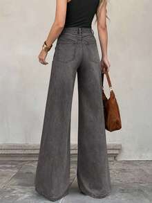 女士休闲优雅阔腿牛仔裤，带口袋和拉链，长款，中等弹力，灰色，春季款 - 灰色 - 查看 3