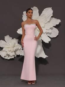 Handmade Rhinestone Embellished Bandage Strapless Mermaid Knit Dress, Luxury Sexy Fashion Fitted Dress For Family Gatherings, Parties, Banquets, Formal Occasions Party Wedding Spring - Baby Pink - View 7