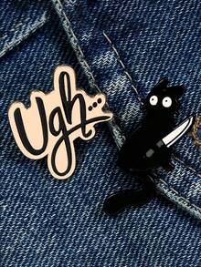 2件套趣味小众黑猫持刀胸针，Ugh字母设计，个性化表达时尚配饰徽章套装 - 彩色 - 查看 7