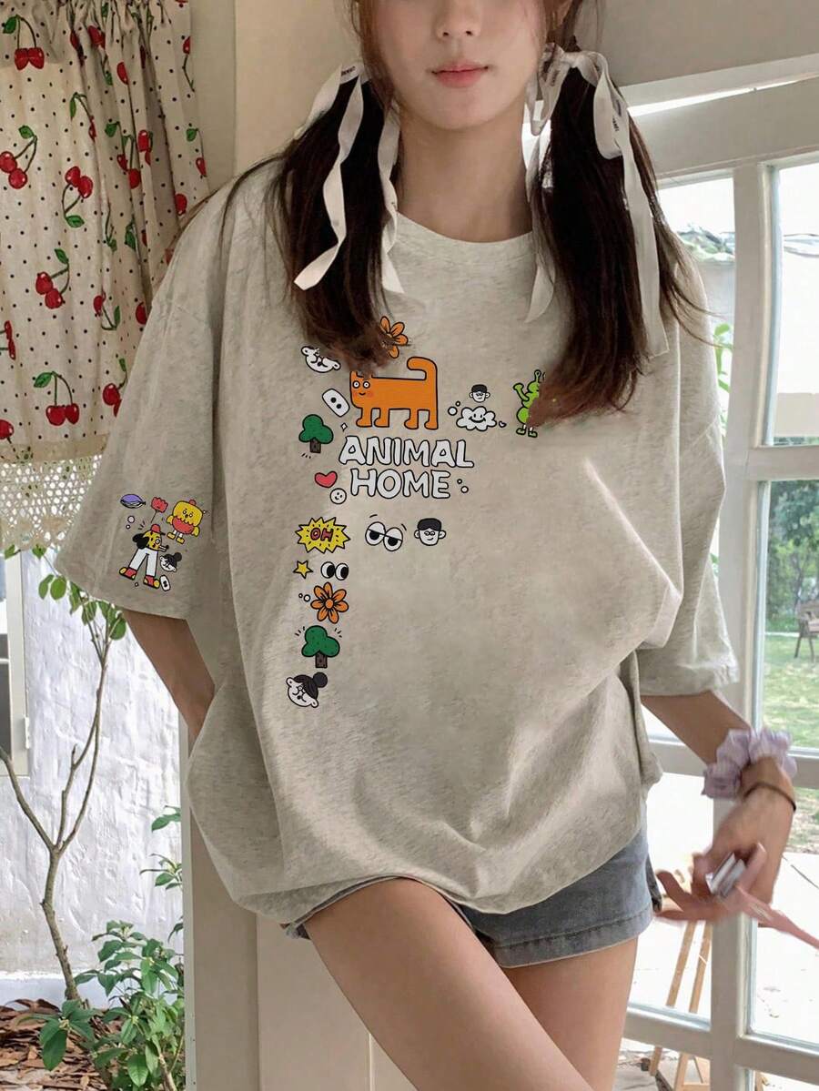 女士休闲圆领宽松卡通字母印花短袖T恤，春夏款 - 淺花灰 - 查看 1