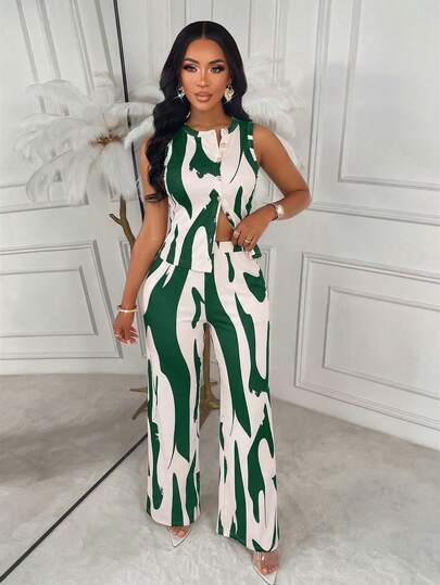 AIJ Amarilo Striped Sleeveless Top + Straight Leg Pants 2-Piece Set, Elegant Business Style, Latest Spring/Summer Women's Chic Outfit