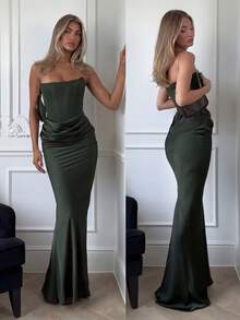 Solid Color Elegant Casual Backless Cocktail Dress, Graceful Party Formal Evening Gown, Suitable For Wedding Guest, Vacation, Date - Green - View 1