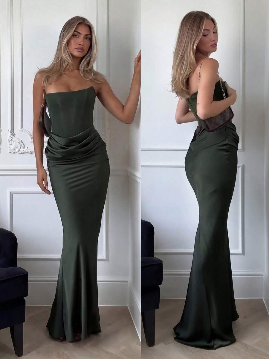 Solid Color Elegant Casual Backless Cocktail Dress, Graceful Party Formal Evening Gown, Suitable For Wedding Guest, Vacation, Date - Green - View 1