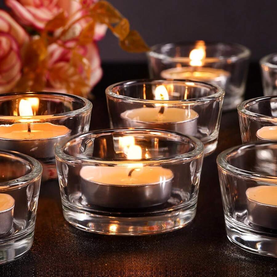 12件套水晶烛台套装 - 大容量透明茶蜡烛台，适用于婚礼中心装饰、派对装饰和家居装饰，抛光表面，多功能桌面装饰，适用于订婚、周年纪念、节日、蜡烛装饰和各种场合。