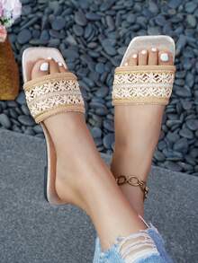 planare Women's Fashionable Elegant Square Toe Slip-On Flat Sandals In White & Brown, Suitable For Summer Daily Commute And Date Outfit - Platinum - View 3