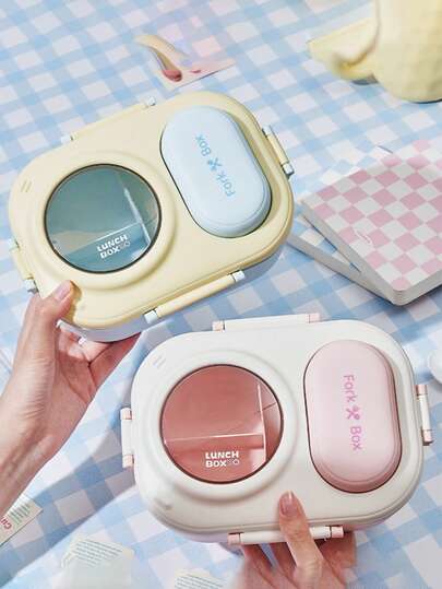PP Material Lunch Box, 3-Compartment Design Student Bento Box, Food Storage Container, Minimalist Divided Lunch Box, Snack & Sushi Box, Retro Camping Picnic Box, Portable Fruit & Snack Box, Student Lunch Box, Comes With Spoon And Fork