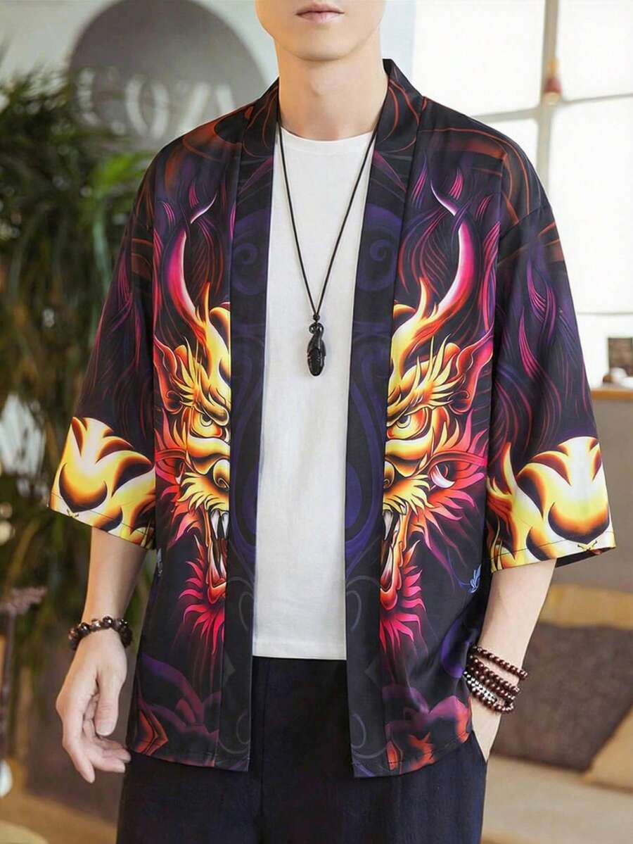 Áo choàng tay lỡ in họa tiết, áo khoác cardigan rộng rãi kiểu chống nắng, áo khoác kimono kiểu Nhật cổ dành cho nam giới. - Nhiều màu - Xem 1