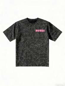 Y2K 美金印花 T-Shirt，大膽街頭風短袖，經典水洗效果 - 黑色 - 查看 4