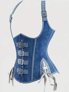 1 chiếc áo corset da PU cổ yếm phong cách punk dành cho nữ, đai nịt eo giúp thon gọn vòng eo. - Màu xanh lam - Xem 2