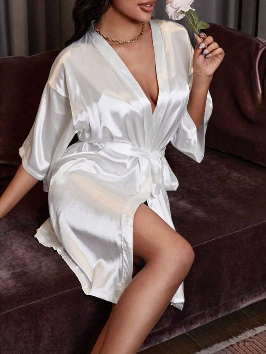 1件女款純色優雅前綁帶秋冬浴袍，性感短款緞面絲綢柔軟居家服晚禮服，字母圖案，女款純色緞面和服風長袖開襟衫休閒極簡家居服，高端奢華性感女款浴袍，四季透氣